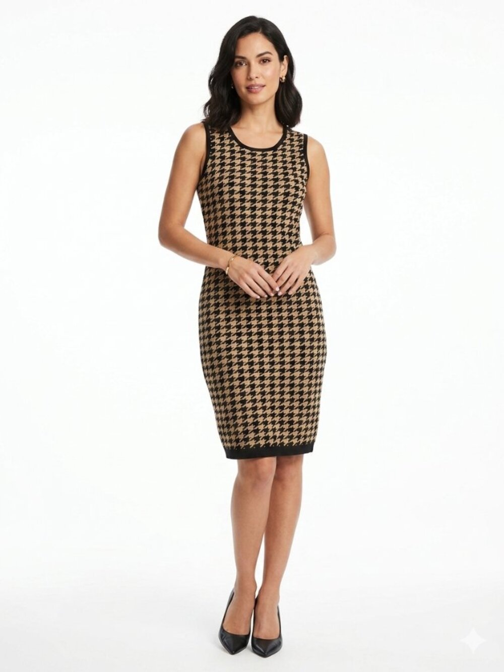 *Taylor Black Tan Houndstooth Midi Sheath Dress Sleeveless S